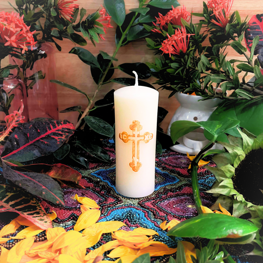 Remembrance Orthodox Cross White Beeswax Pillar