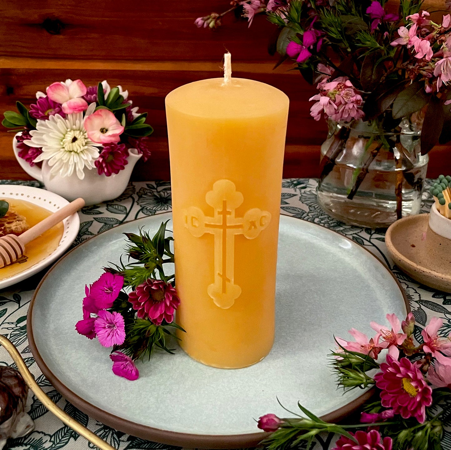 Remembrance Orthodox Cross Golden Beeswax Pillar