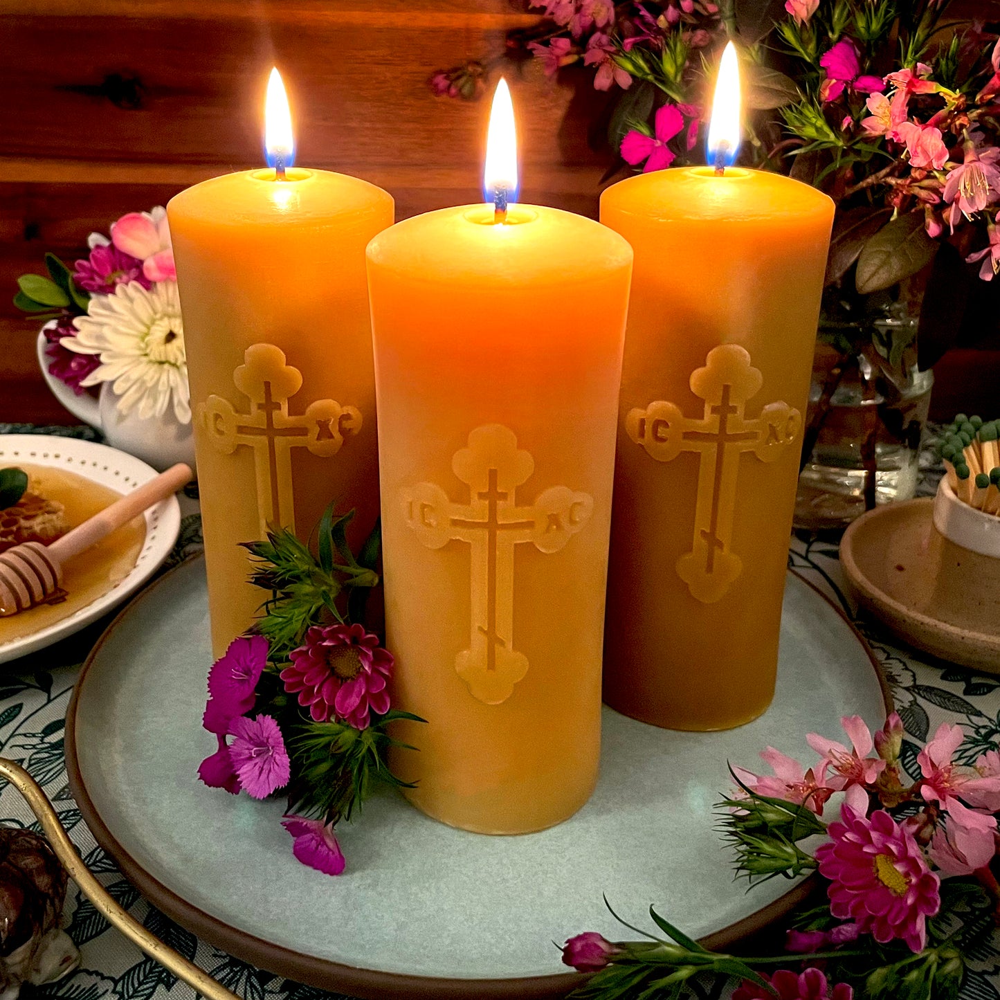 Trio of Orthodox Cross Golden Beeswax Pillars