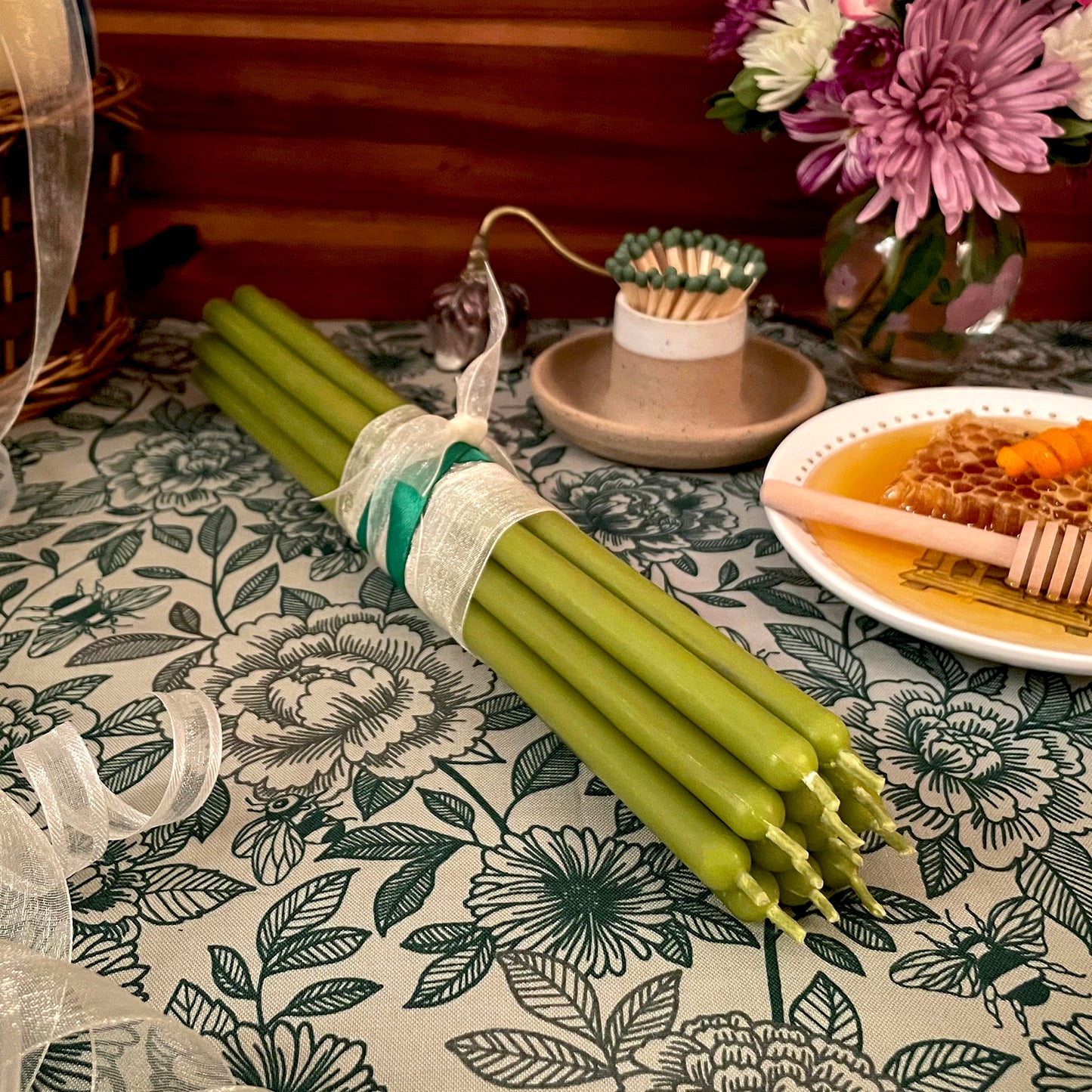 12 Avocado Green Beeswax Tapers (Thin 10in)
